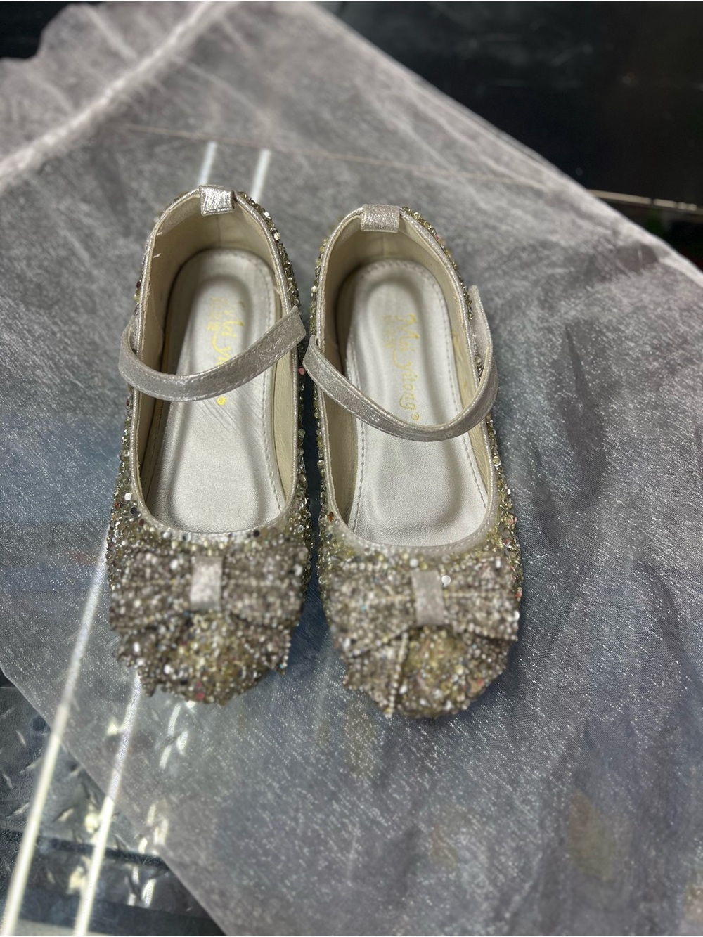 Girls Sparkle Bow Mary Jane Kids Shoes - Silver